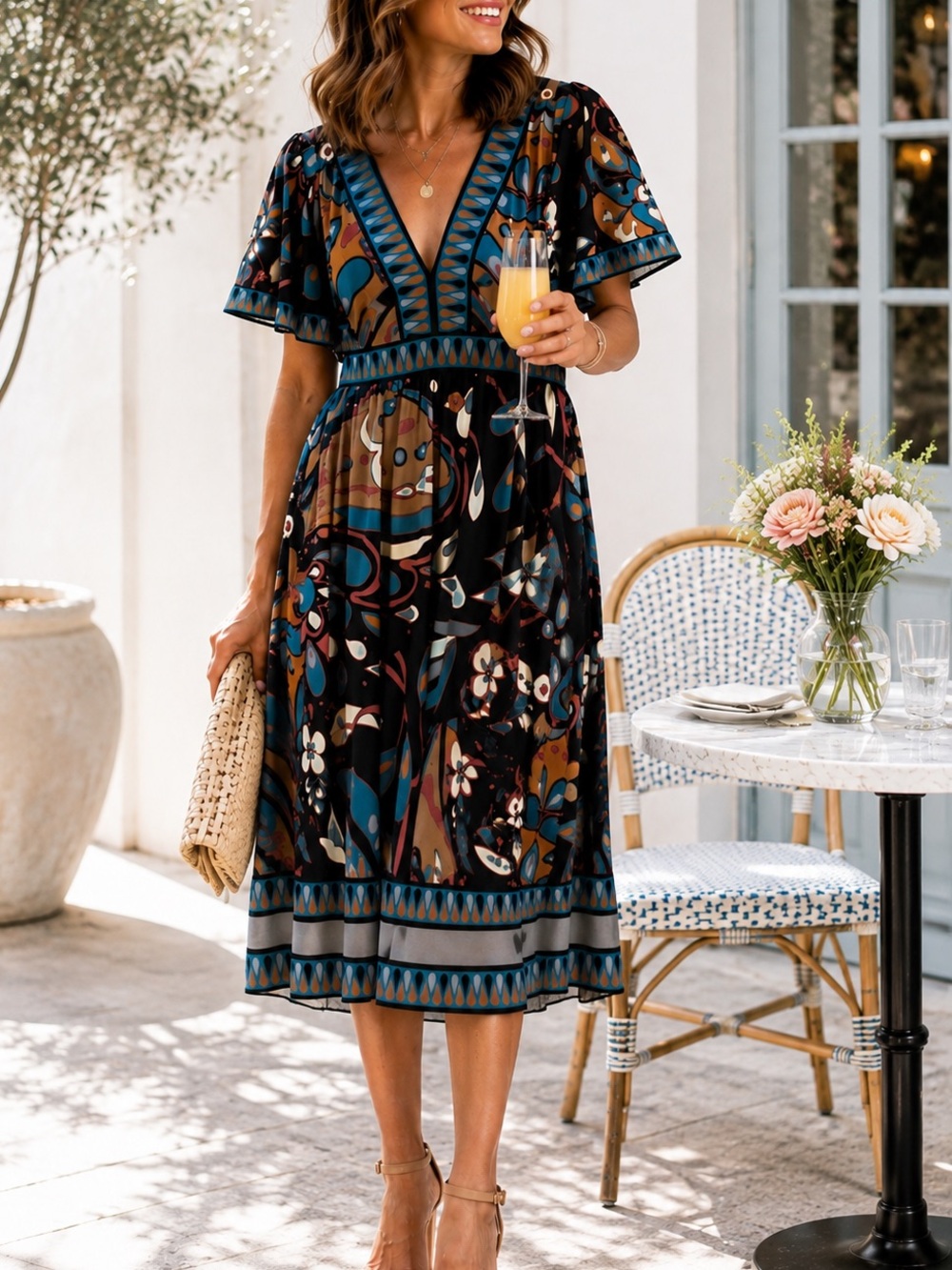BCBGMAXAZRIA Abstract Boho Print Flutter Sleeve Midi Dress Size L